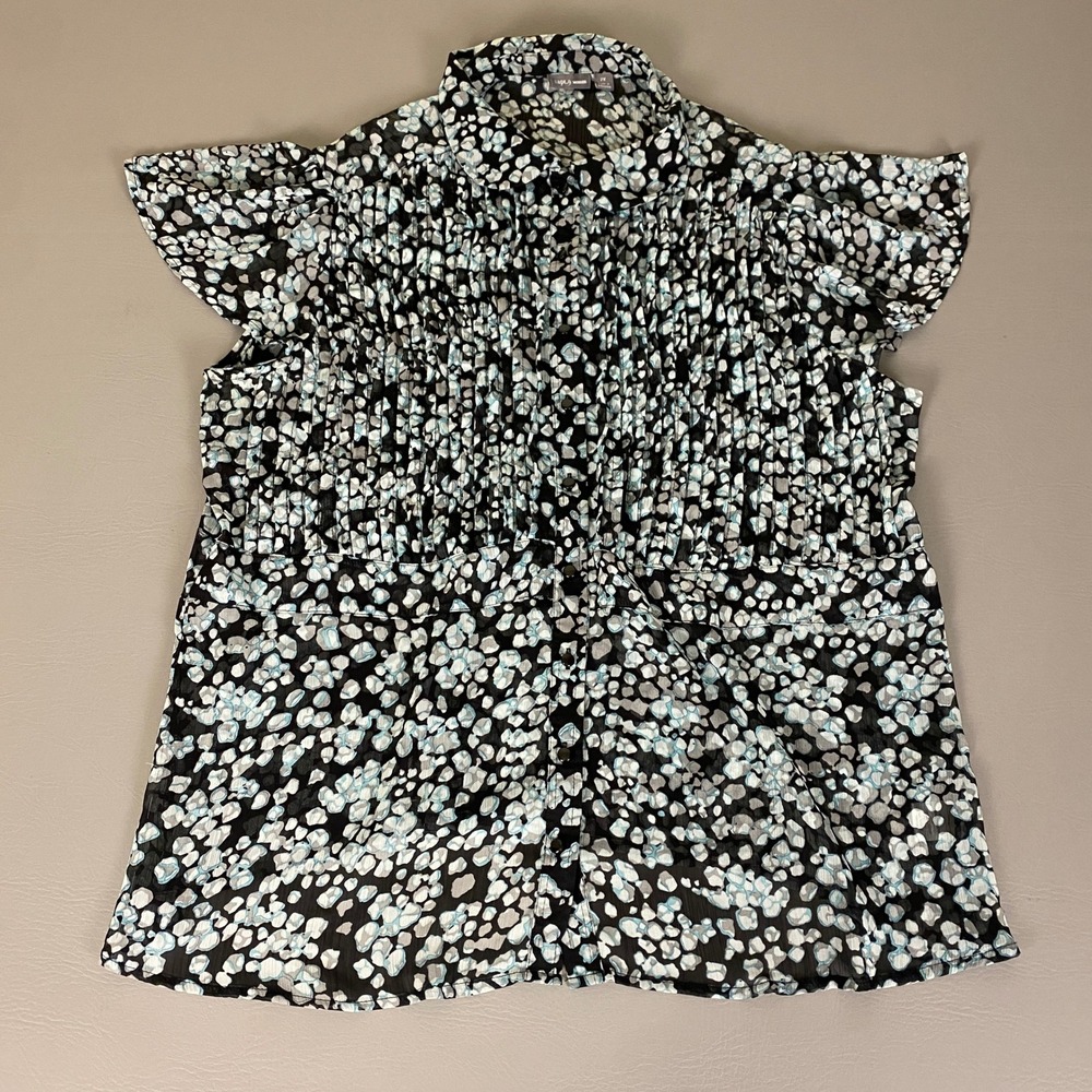 Apt. 9 Blouse Top Woman's Plus Size 2X Black Blue Sheer Flutter‎ Sleeve Pleated